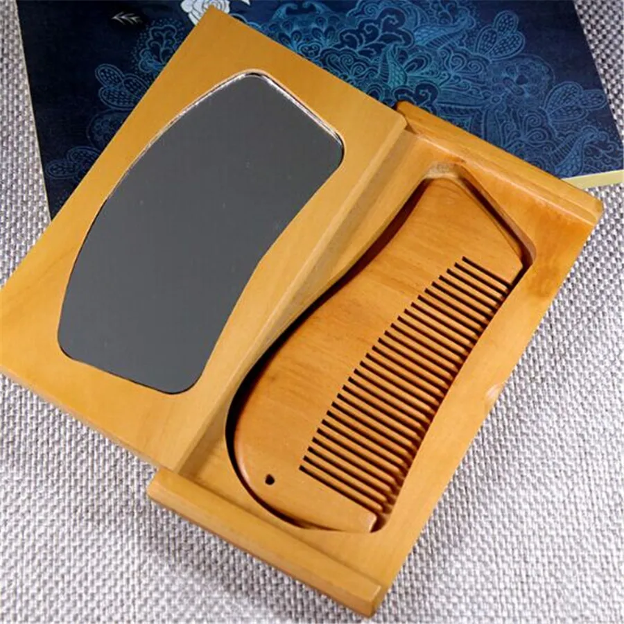 Wood comb Mirror Gift Box Packing Mushu folding mirror small wooden comb portable Mirror Comb Women Makeup Anti-static New Brand