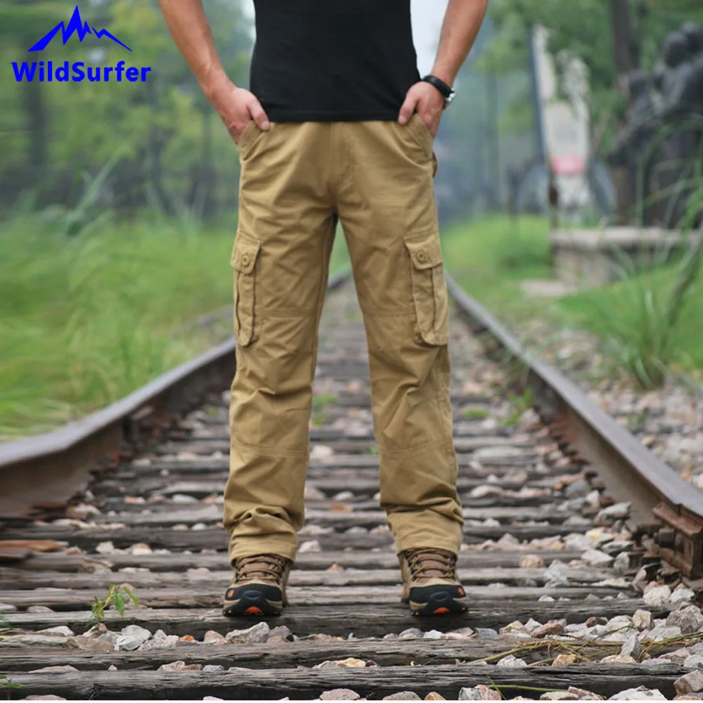 Men's Multi Pockets Outdoor Cargo Pants, Male Trekking Long Pants, Travelling Camping Trousers, Cotton, Large Size