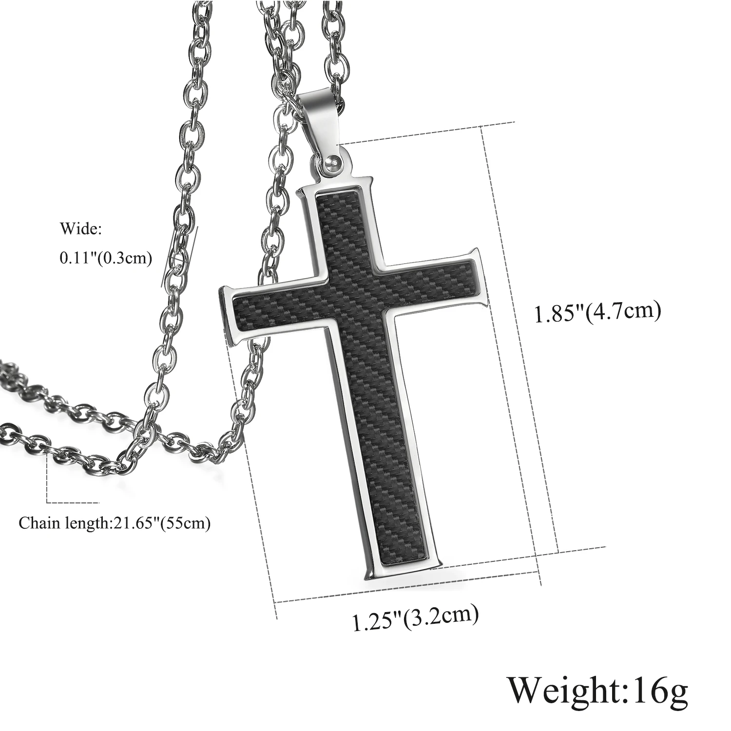 BONISKISS Carbon Fiber Stainless Steel Mens Cross Necklace Pendant, Black Silver Color , 21.5 inch Chain