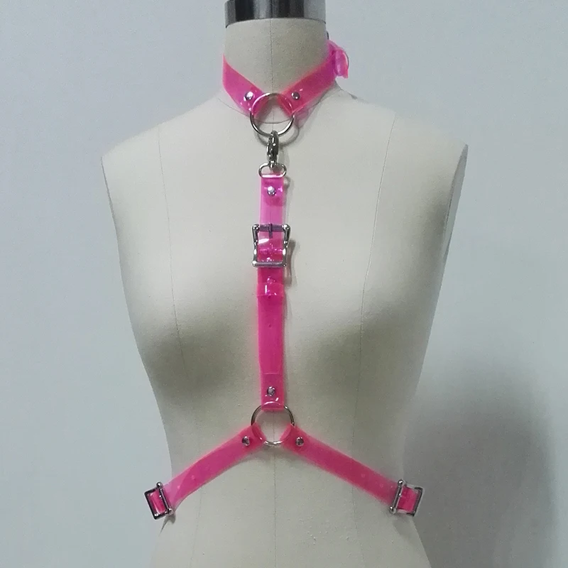 100% Handcrafted Women Girl Halter Choker Top Punk Harness Bondage Neon Pink PVC Bra Punk Gothic Cosplay Suspender Belt Straps