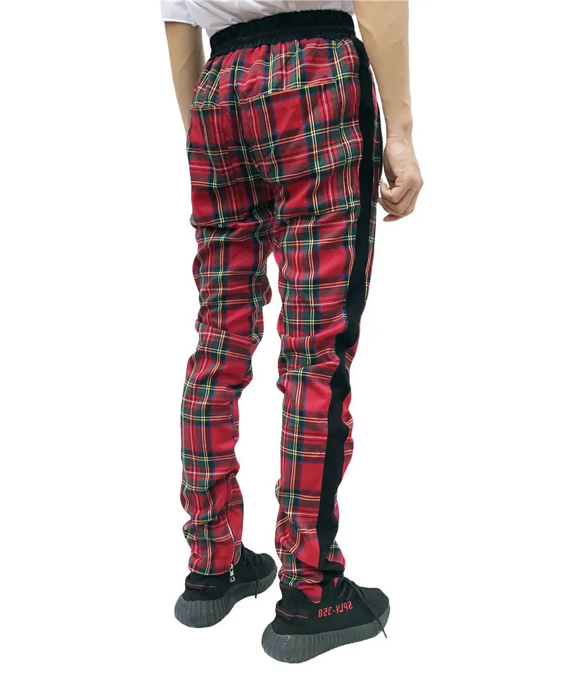 2020 New Fashion Men Sweatpants Hip Hop Pants Red Plaid Streetwear Zipper Slim Pencil Pants men Trousers Jogger Pants