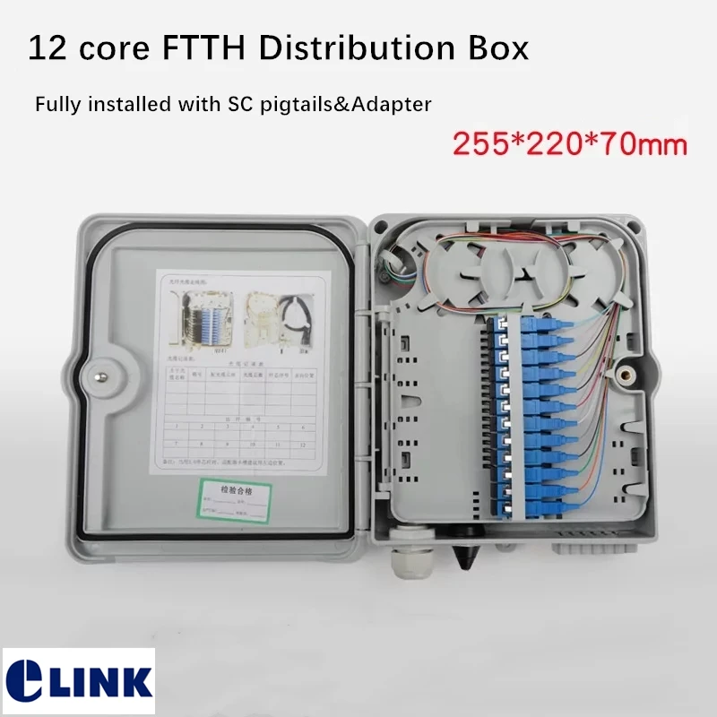 FTTH distribution box 12 core fully installed with SC fiber optic adapter&pigtails 255*220*70mm junction box IP55 indoor outdoor