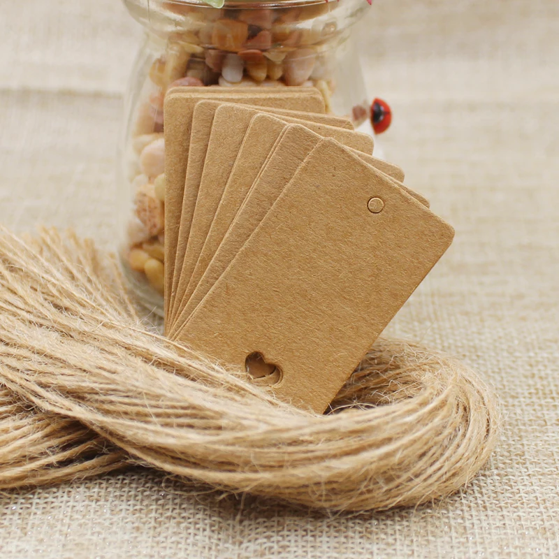 100pcs+100 hemp string 5*3cm new style retangular black /Kraft Paper Blank Card Hand Draw Gift Label Tags Heart Hollow