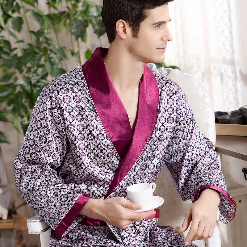 Men Silk long-sleeved Bathrobe Big Size 5XL kimono Home Bath Gown Male Printed Geometric Robes V-neck Satin Sleepwear Nightgown