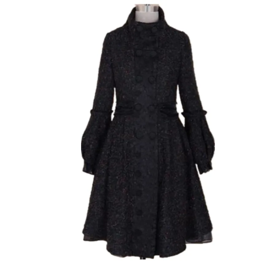 

Winter Fashion Elegant Vintage women lantern sleeve Woolen Coat vintage Black double Breasted wool blends coat