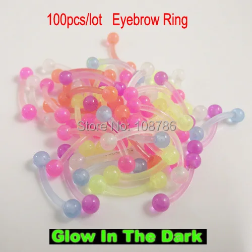 

100pcs/lot 16G flexible eyebrow ring soft with ball cone glow in the dark body piercing jewelry free shipping