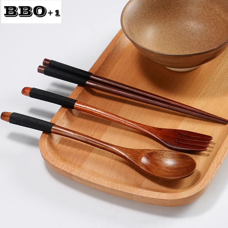 3pc/set Japan style Natural Wooden Dinnerspoon fork D set Vintage Home Kitchen Tableware set Students Portable Cutlery