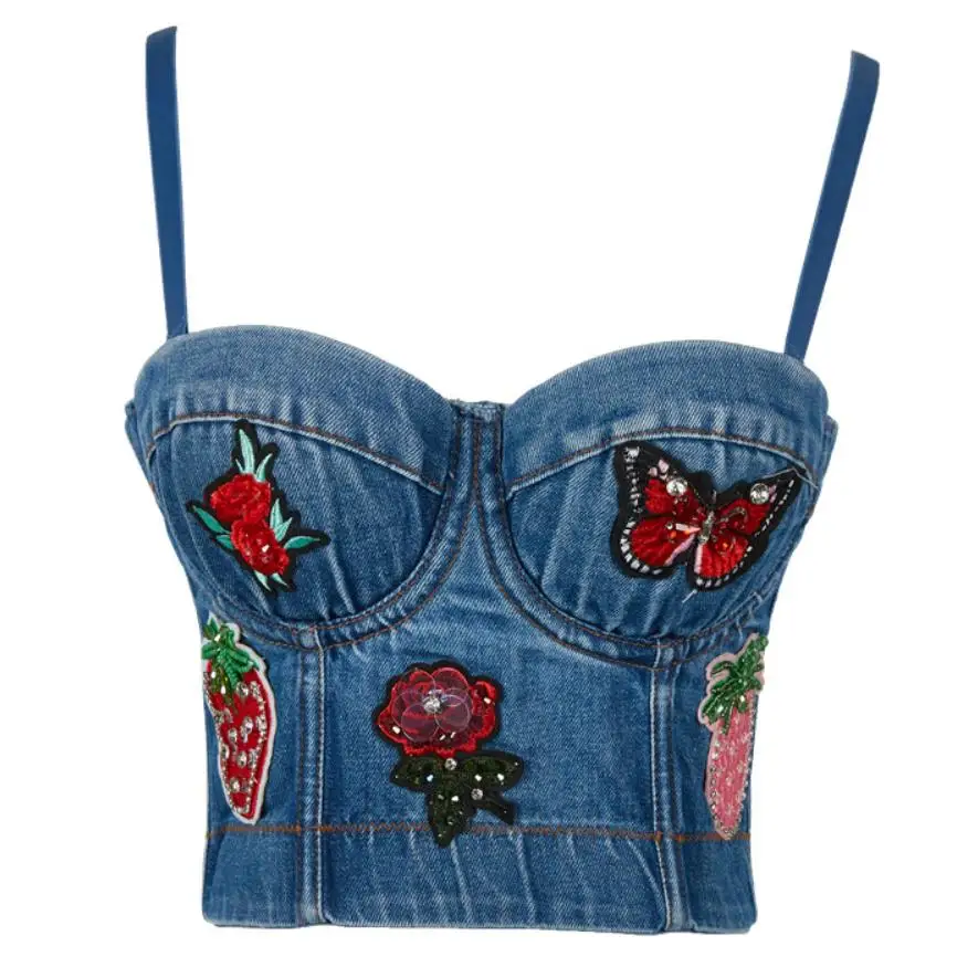 

Rose Butterfly Pineapple Embroidered Denim Flower Tie Push Up Bustier Women's Bralette Cropped Top denim Vest fashion