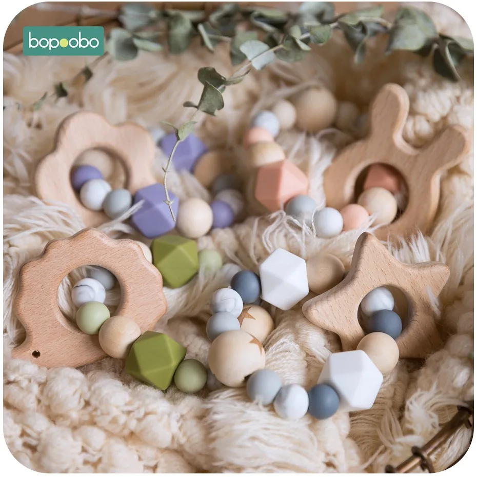 Bopoobo 1 pc sonajero de bebé de conejo madera dentición mordedor de silicona pulseras Montessori juguetes para los niños, regalo de juguetes,