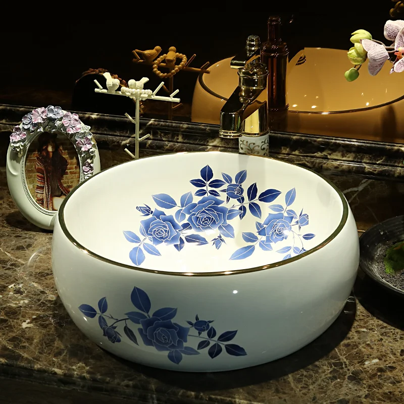 

Jingdezhen Bathroom ceramic sink wash basin Counter Top Wash Basin Bathroom Sinks round sink bowl blue white