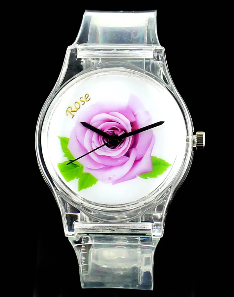 Rose Flower / Tulip / Butterfly Women Ladies Watches Colorful Color Transparent Band Casual Sport Quartz Wrist Watch