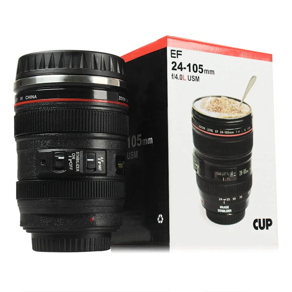 Camera Lens Cup 24-105 Coffee Travel Mug Thermos Stainless Steel, Leak-Proof Lid