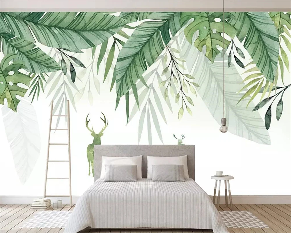 Nordic simple small fresh elk green leaves watercolor style 3d wallpaper TV sofa mural background Custom wallpaper