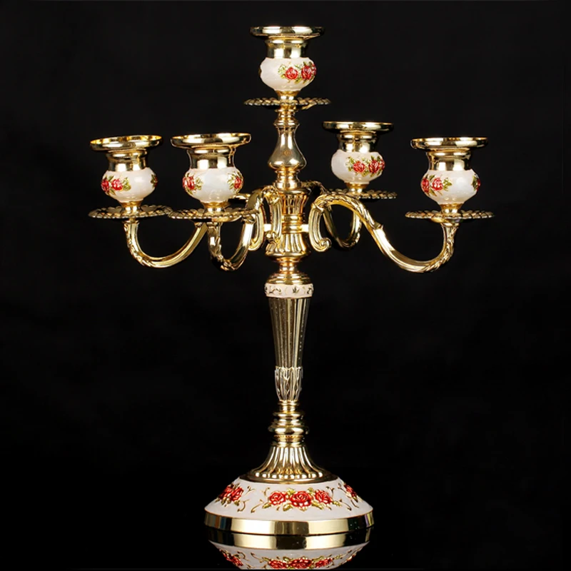 European Accents Embossed Rose Flower Design Gold Plating With White Hand Painted 3 Pieces Zinc Alloy Stick Candle Holders