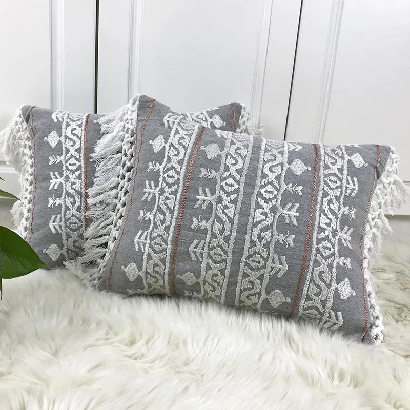 Linen Embroidery Cushion Cover Grey Blue Khaki Ethical Floral Pillow Case with Tassels For Sofa Seat Simple Home Decor 35*45cm