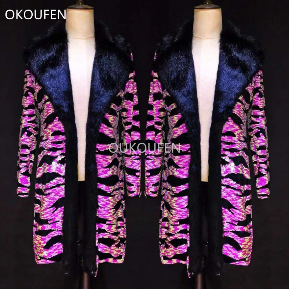 New Fluorescence Pink Zebra Print  Long Coat Fashion Fur Collar Jacket Costumes Nightclub bar Male Singer Dance Stage Show Coat