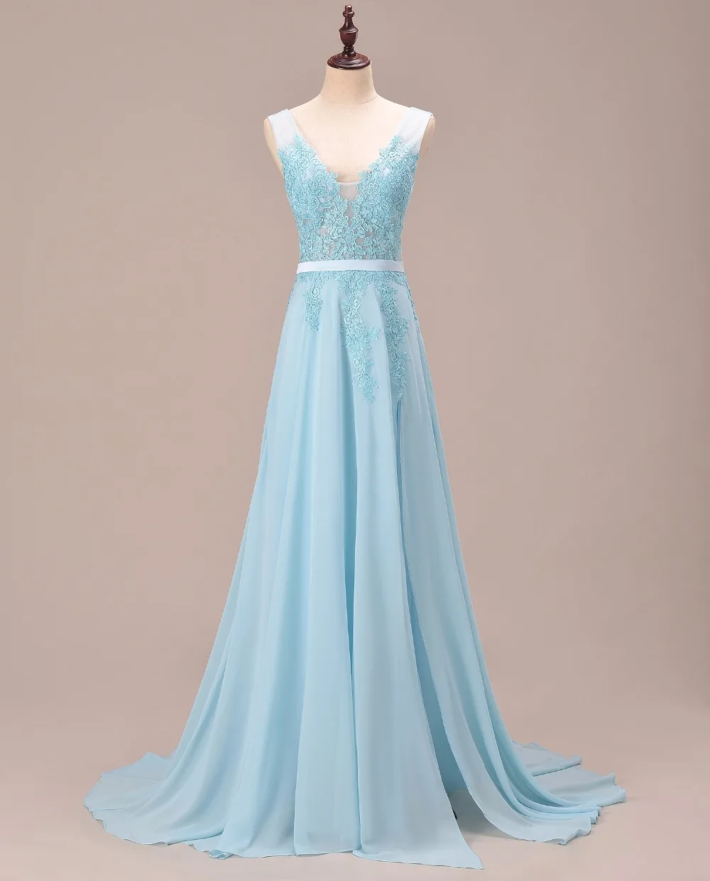 

Sky Blue Long Chiffon Evening Dress 2025 Sexy Backless V Neck Appliques Slit Lace Formal Party Gown vestido de festa Customized