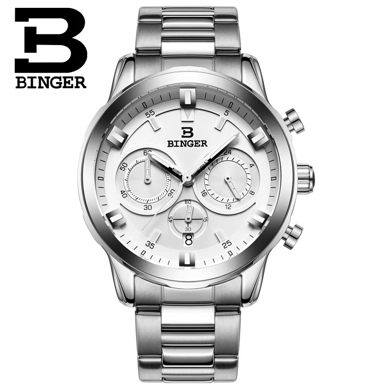 Chronograph Sports Watches For Men Luxury Brand Wristwatch BINGER Military Quartz Watch Waterproof  Steel Watch B-9011G