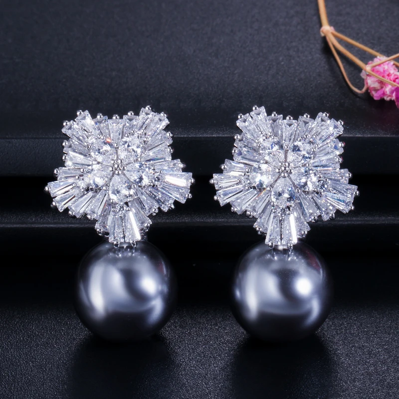 CWWZircons Fashion OL Style Silver Color Cubic Zirconia Setting Large Flower Stud Earrings with Pearls Jewelry for Women CZ282