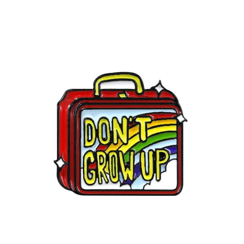 DON'T GROW UP Rainbow Suitcase Metal Enamel Brooch Color Box Badge Pin Creative Trendy Kids Dress Hat Jewelry Accessories Gifts