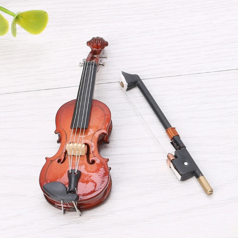 New 1 Set 7CM Mini Violin Miniature Musical Instrument Wooden Model with Support and Case