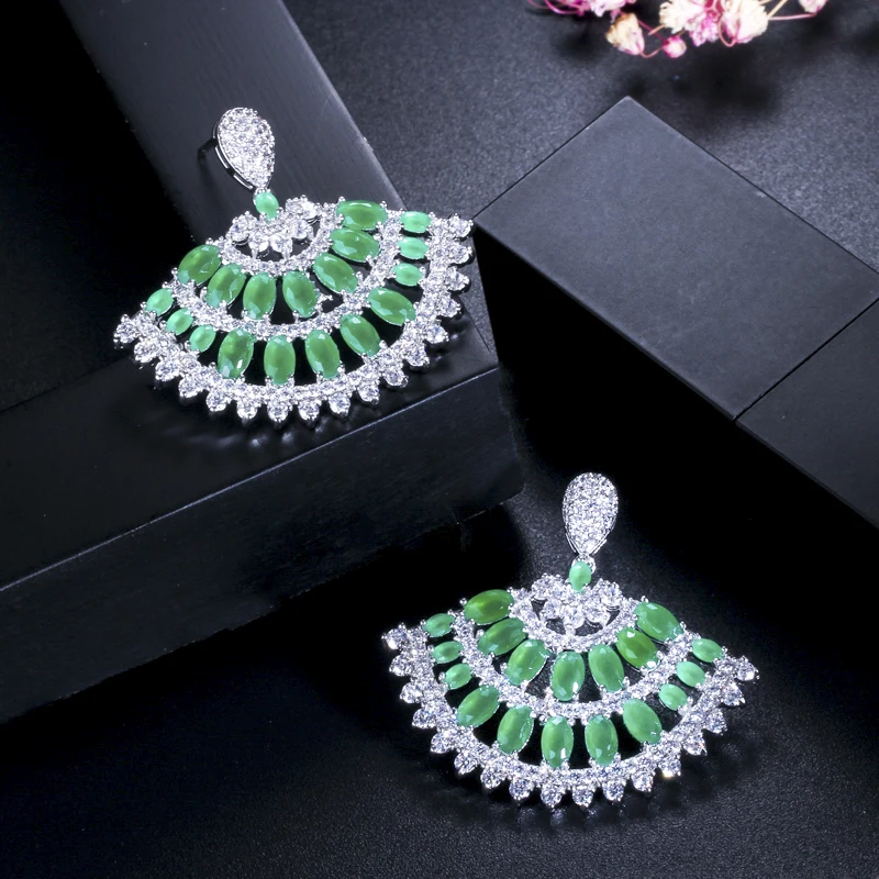 CWWZircons New Arrival White Gold Color CZ Jewelry Big Drop Green Cubic Zirconia Stone Vintage Dangle Earrings for Women CZ374