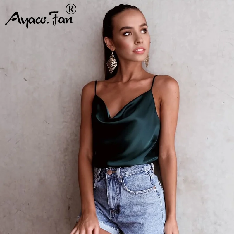 Sexy Camis Tanks Spring Summer New V-Neck Sleeveless Solid Color Satin Spaghetti Strap Top Casual Slim Lady Tank Tops Tee 3XL