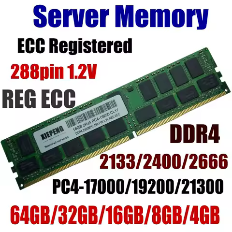 Server Memory 64GB DDR4 PC4-17000 2133 MHz ECC Registered 32GB PC4-19200 2400 MHz ECC Reg 16GB PC4 21300 2666 MHz 8GB 288pin 1.2