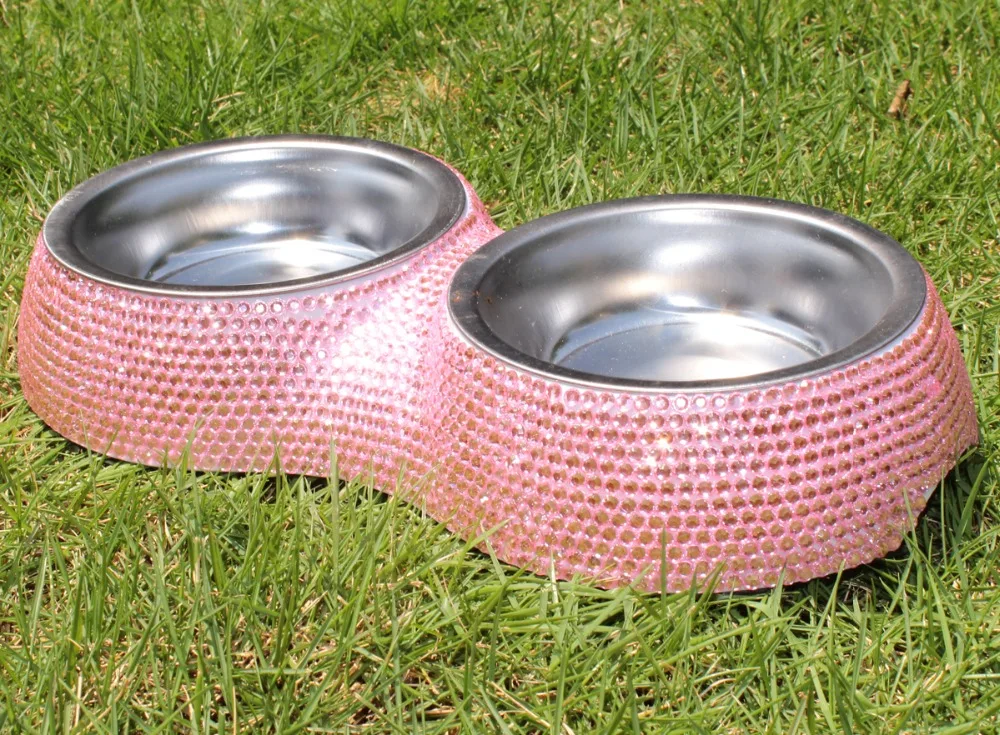 Sliver Bling Bling Crystal Rhinestones Metal Stainless Steel Double Diner Pet Cat Small Dog Bowl