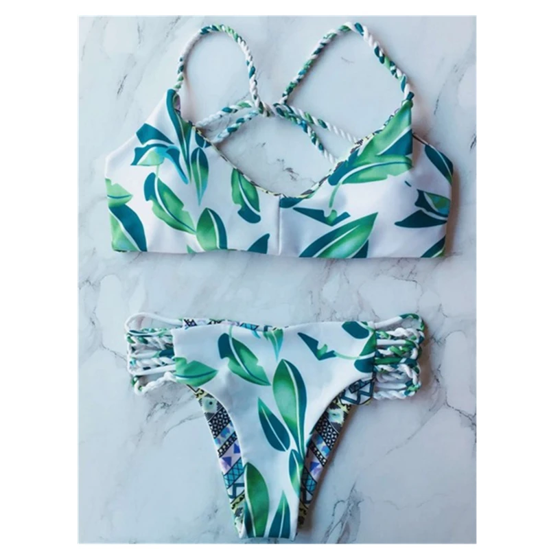 Summer Beach handmade braid leaves sexy bikini double-sided printing swimsuit