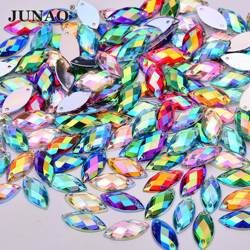 JUNAO 7x15mm Aqua Blue AB Crystal Sew On Horse Eye Rhinestone Applique Sewing Acrylic Gems Flatback Strass Beads for Clothes