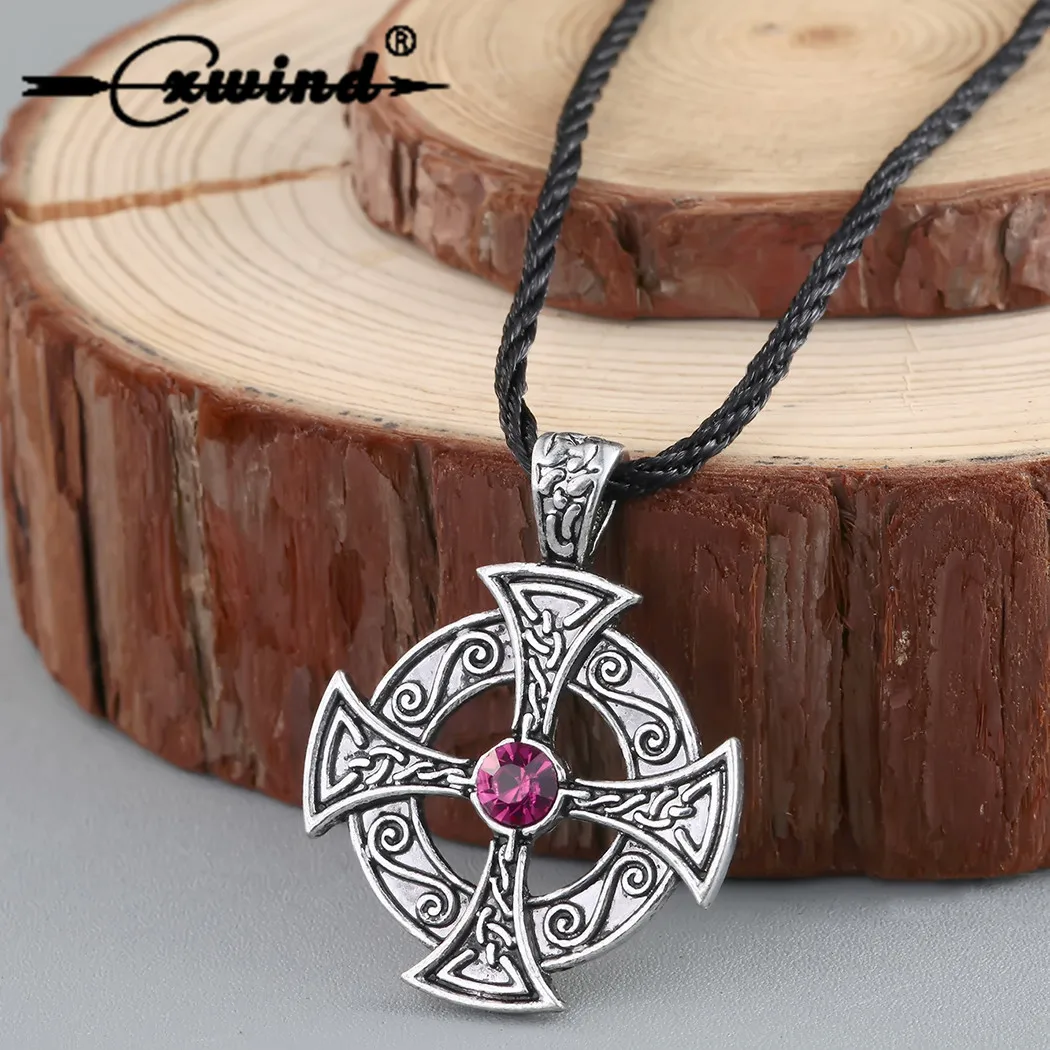 Cxwind Viking Necklace Pewter Solar Cross knot Druid Pagan Irish Pendant on Leather Necklace Men Jewelry Bijoux Femme Collar