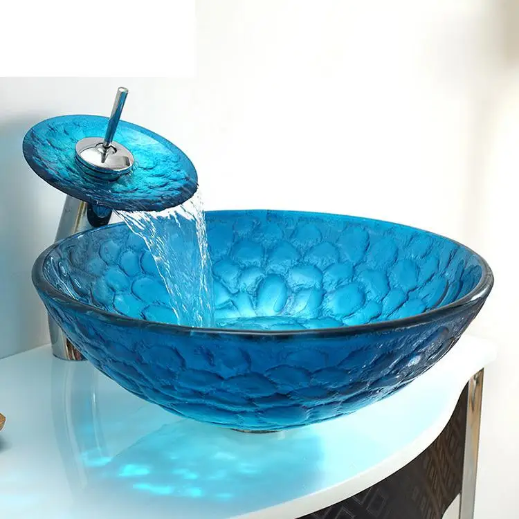 

Tempered Glass Washbasin Bathroom Sky Blue Mediterranean Series Artistic Bathroom Artistic Glass Vessel Vanity Sink
