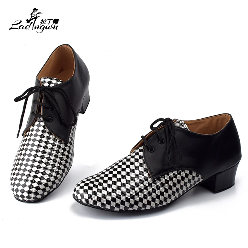 Ladingwu Modern Men\'s Ballroom Dance Shoes Rhombus pattern PU and Microfiber Synthetic Leather Latin Dance Shoes Men Heel 2.5cm