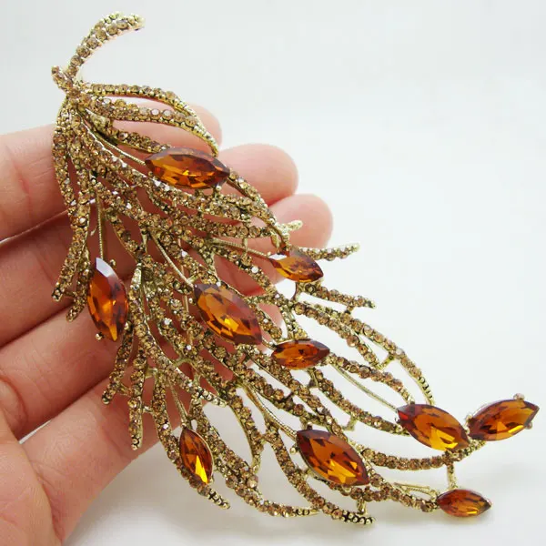 Vintage Feather Brooch Pin Brown Long Retro Style Art Nouveau Rhinestone Crystal Party Jewelry Brooches Pins