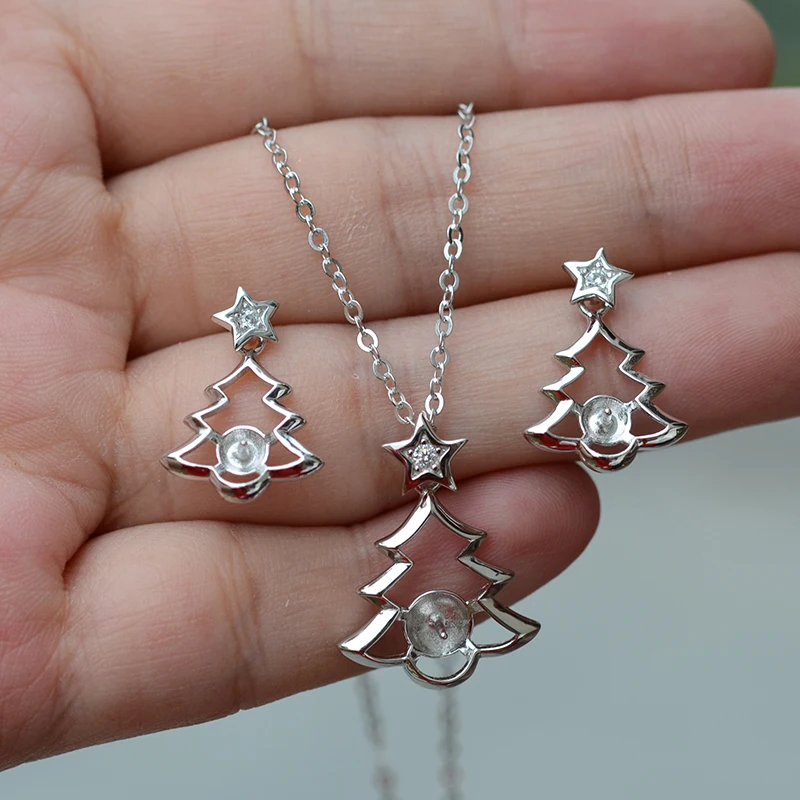 Christmas Tree 2Pieces Jewelery Set Accessory S925 Sterling Silver Tree Earrings Holder+Tree Design Pendant Settings 3Pcs/Lot