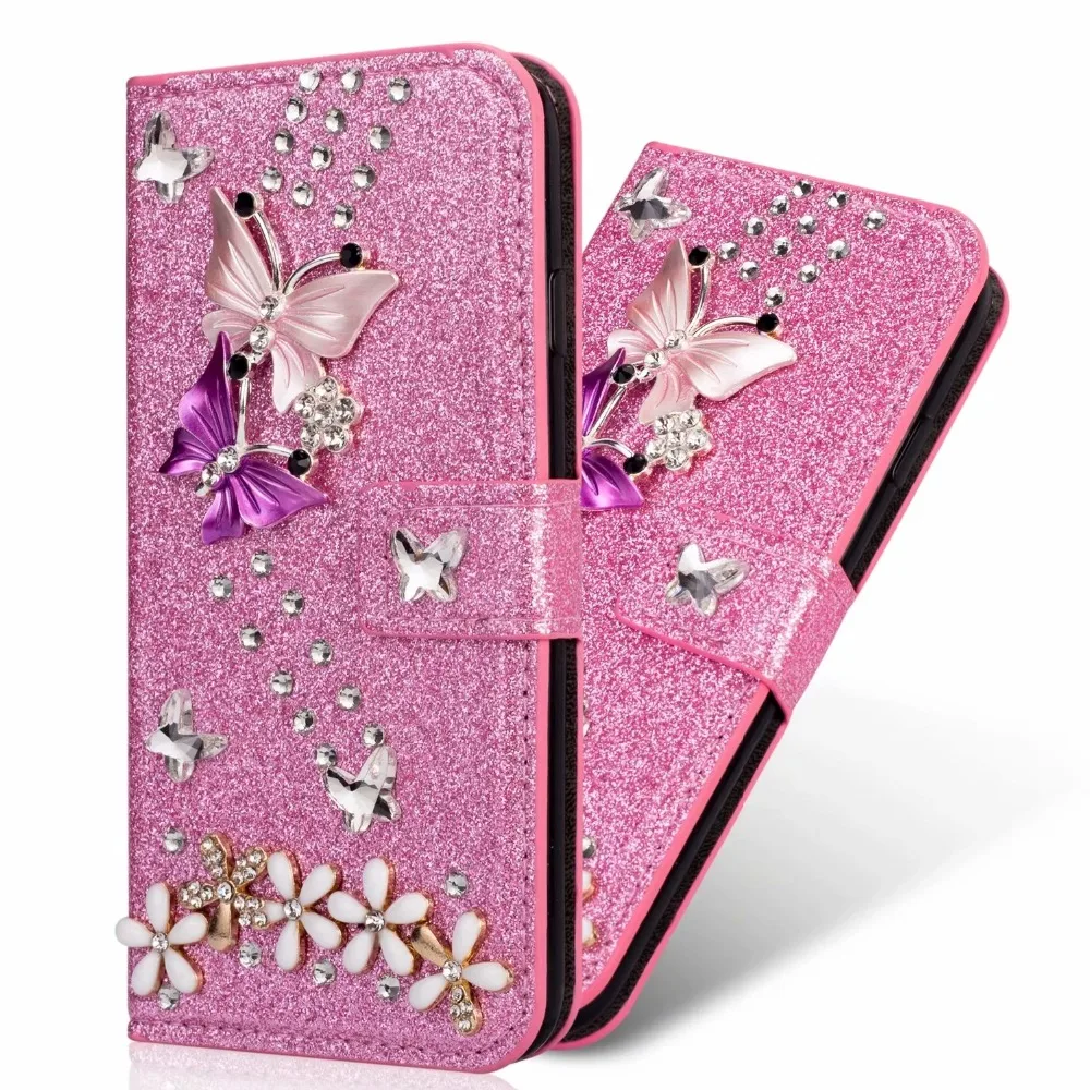 

Fashion Diamond Flower Butterfly Card Wallet Flip Glitter Leather Case Cover For iPhone 17 Air 16 15 14 13 12 11 Pro Max Plus