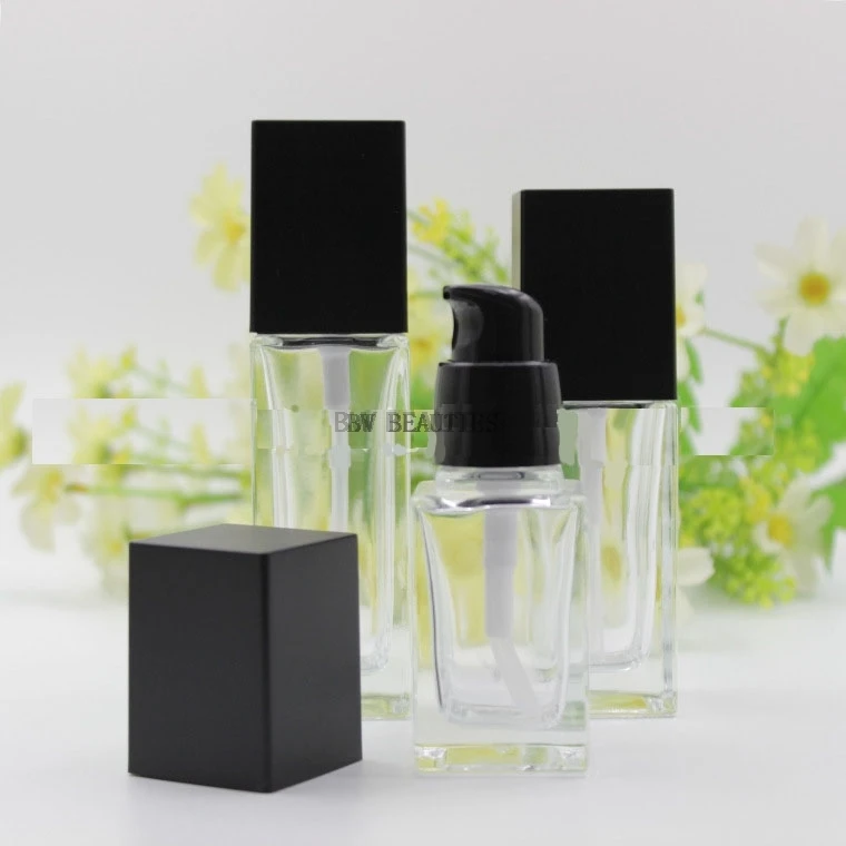 200pcs 20ml 30ml 40ml Clear Square Glass Bottle with Black Pump for Lotion Essential Oli Moisturizer Facial Water Liquid Cream