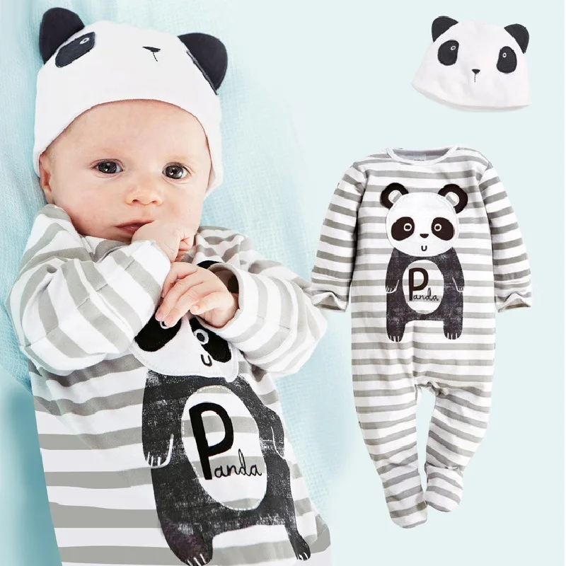 Panda Baby Rompers Caps Boys Clothing Set Toddler Hat One-Pieces Suits Overall Grey baby boy clothes bebe jumpsuit