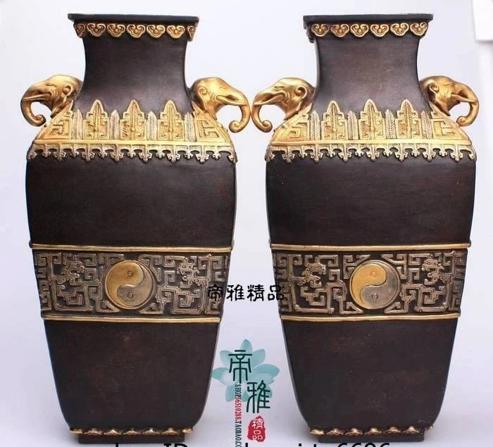 China Folk Copper 24K Gold Gild Silver Elephant Ear Tai Chi Pot Bottle Vase Pair