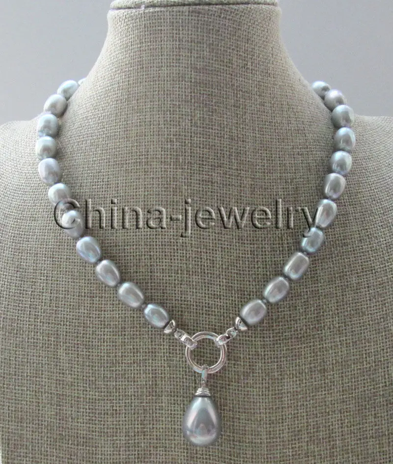 

FREE shipping AAA 17 " 12-13mm natural gray rice shape freshwater pearl necklace + 20mm shell