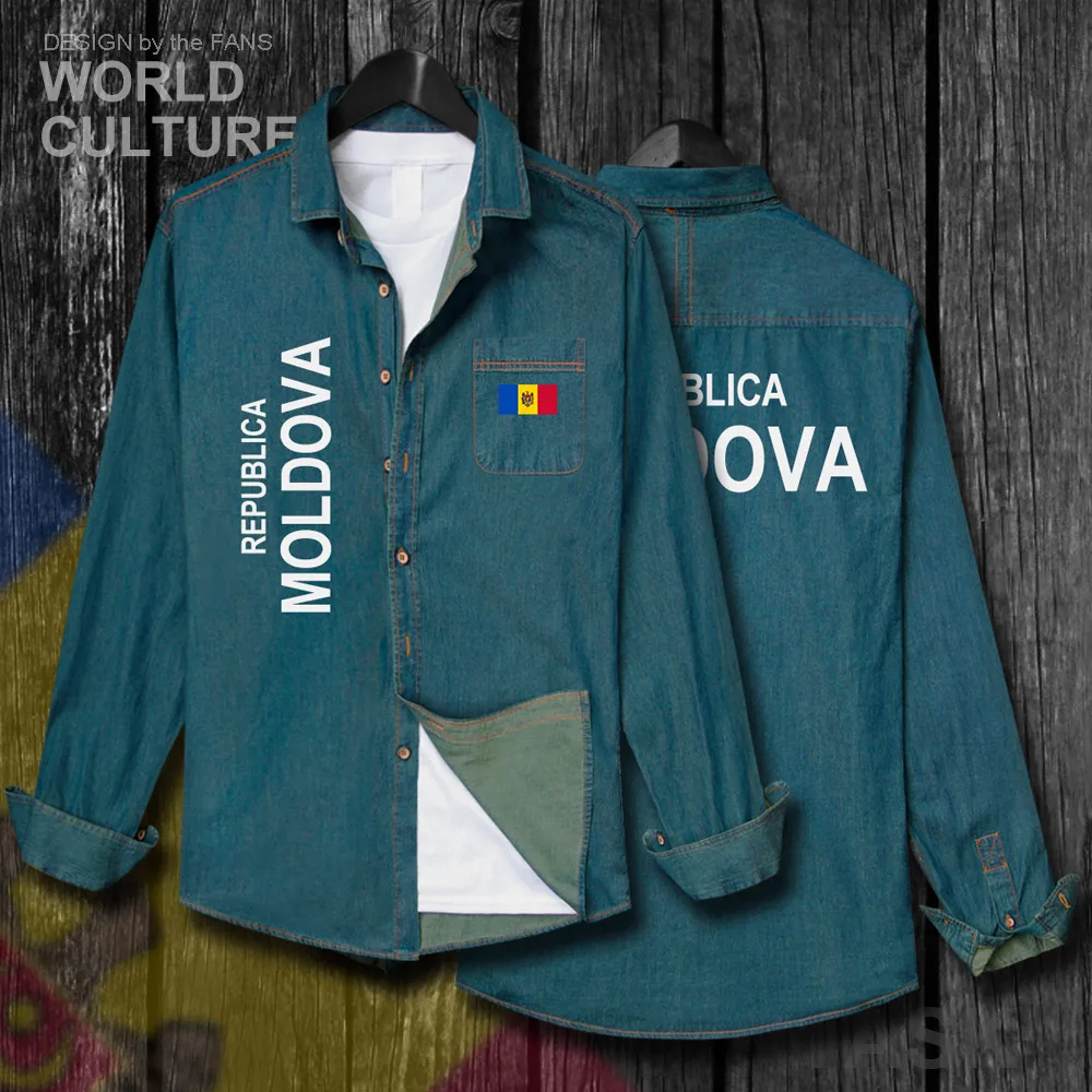 

Moldova Moldovan MDA MD Men clothes Autumn Slim Cotton Turn-down Collar Jeans Shirt Long Sleeve fashion Cowboy Coat Flags Tops