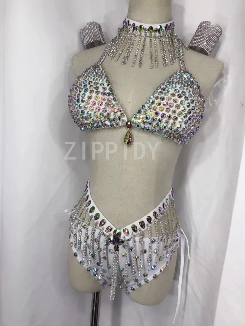 Flashing Crystals Bra Short Lingerie Clothes Nightclub Bikini Set Female Singer Rhinestones Tassel Costume Women's Party Outfit