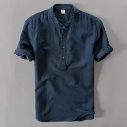 New Summer Brand Shirt Men Short Sleeve Loose Thin Cotton Linen Shirt Male Fashion Solid Color Trend O-Neck Tees