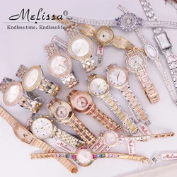 ¡Oferta! Melissa-Reloj de cristal con diamantes de imitación para hombre y mujer, pulsera de Metal, sin horas de moda, caja de regalo para niña