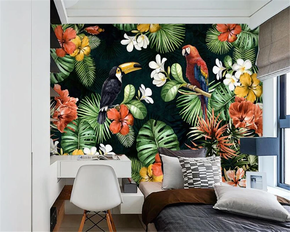 

Beibehang 3D Wallpaper Hand painted Parrot Tropical Rainforest Plant Cartoon Background Living Room Bedroom TV Mural wallpaper