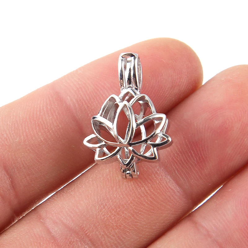 5pcs Silver color Lotus Flower Pearl Beads Cage Charms Locket Essential Oil Diffuser Jewelry Wholesale Copper OM OHM AUM Pendant