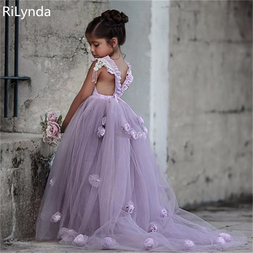 New Flower Girl Dresses Blush Pink First Communion Gowns For Girls Ball Gown Cloud Beaded Pageant Gowns Vestido De Daminha