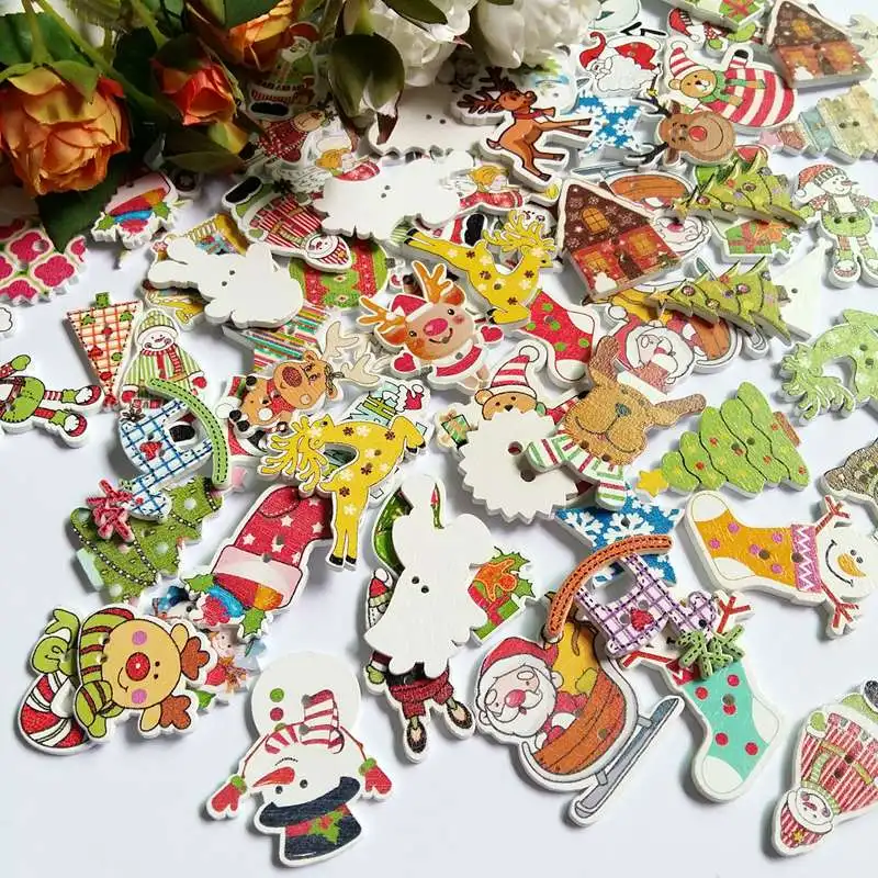 Bulk 50Pcs/lot Mixed Christmas Buttons 2 Holes Wooden Buttons forCraft Scrapbooking Amazing Women DIY Decorative Buttons