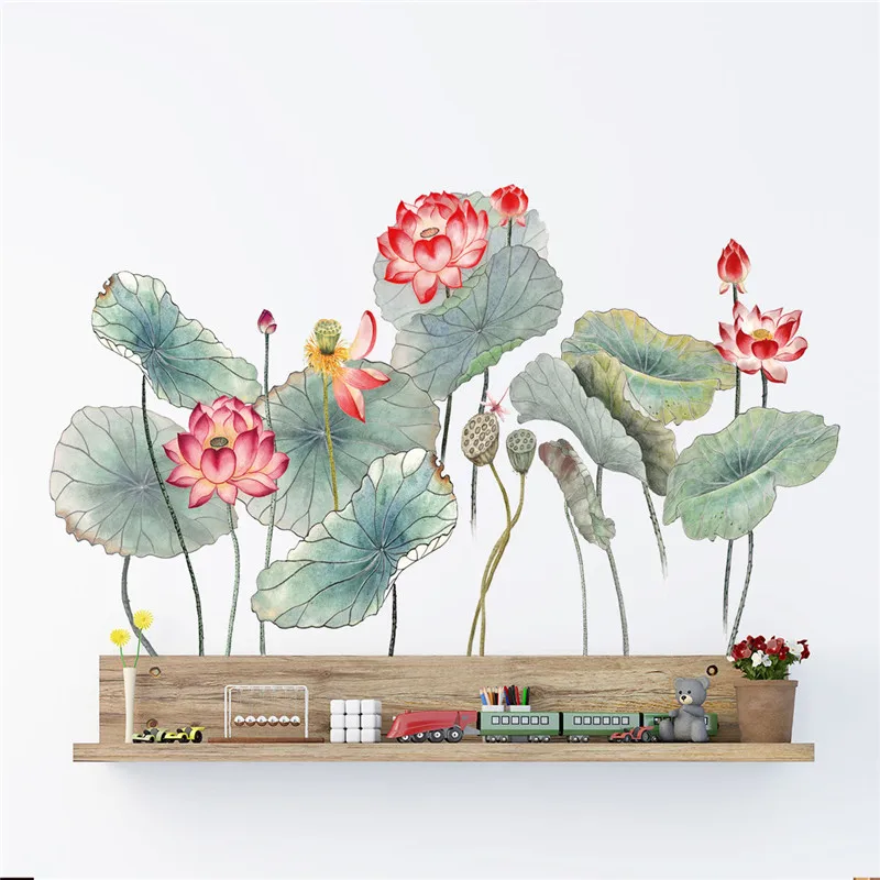 1PCS Chinese Style Lotus Leaf Wall Sticker For LivingRoom Bedroom Home Decorative  Room Decal 60*90CM